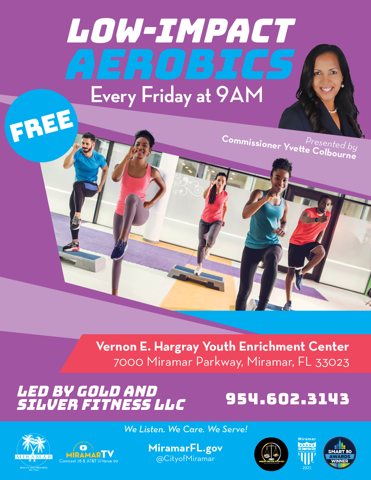 Flyer about Low impact Aerobics class every Friday at 9AM at YEC in Miramar