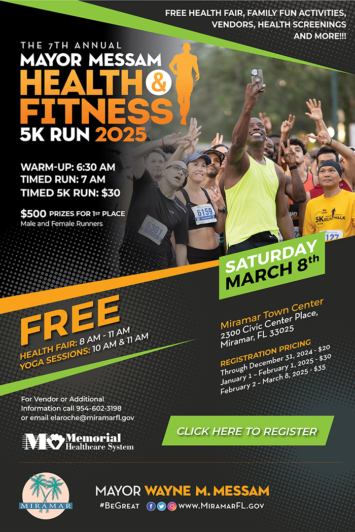 Flyer of Mayor Wayne Messam 5K Run on March 8, 2025 at Miramar Town Center Starting at 6:30am