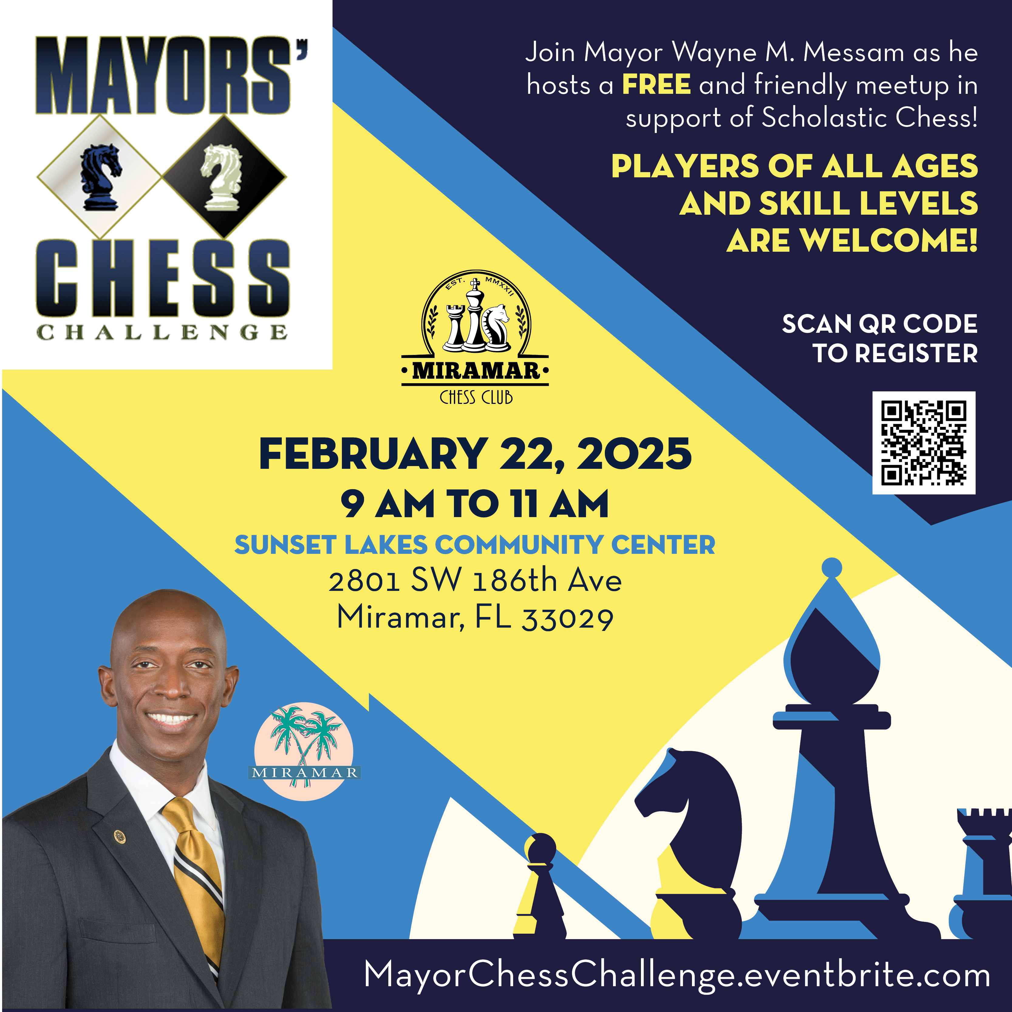 Mayor Chess Challenge event flyer for February 22 at Sunset Lakes Community Center starting at 9AM