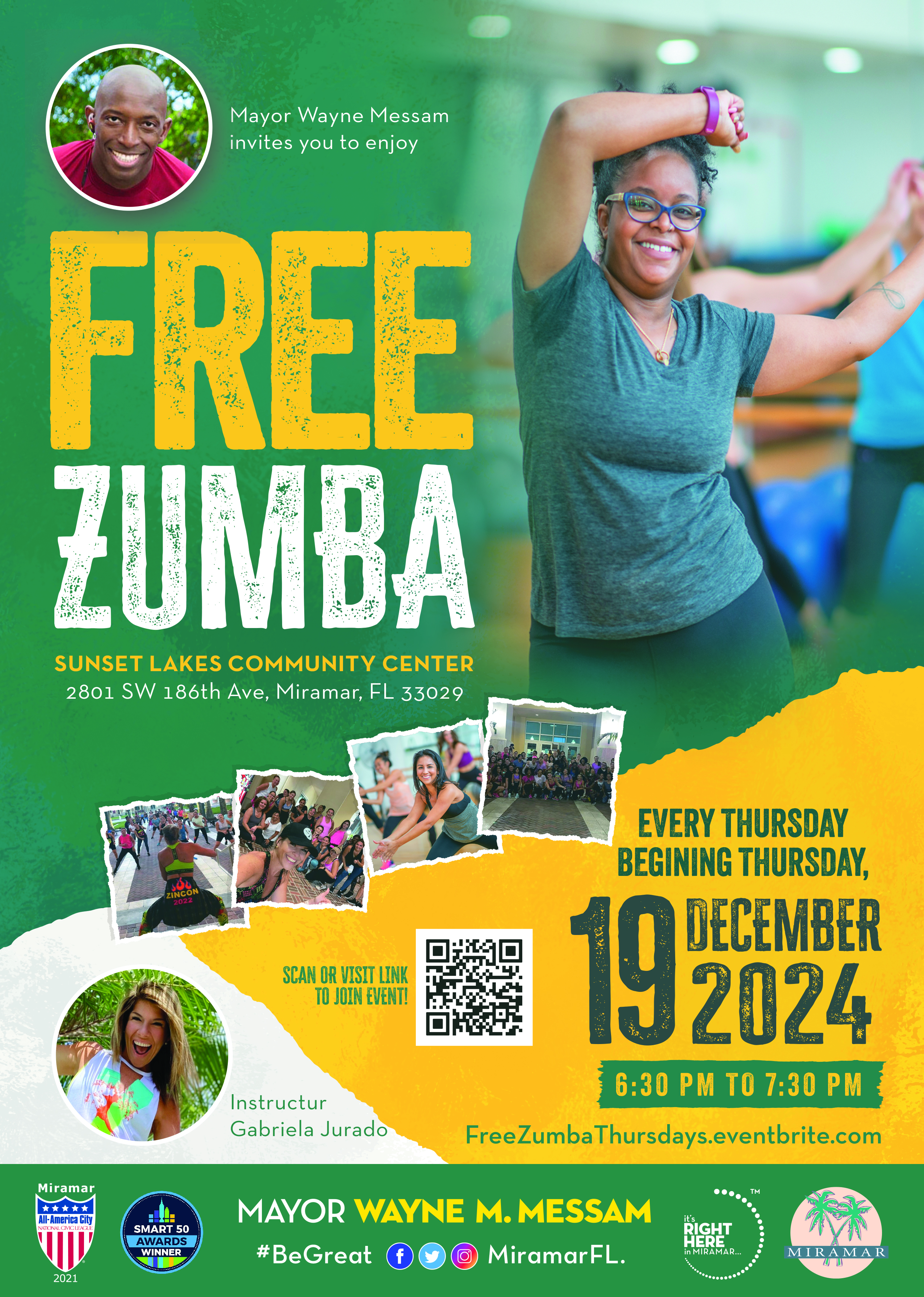 Flyer promoting Mayor Messan Zumba Flyer every week on Thursdays at 6:30PM at Sunset Lakes Community Center