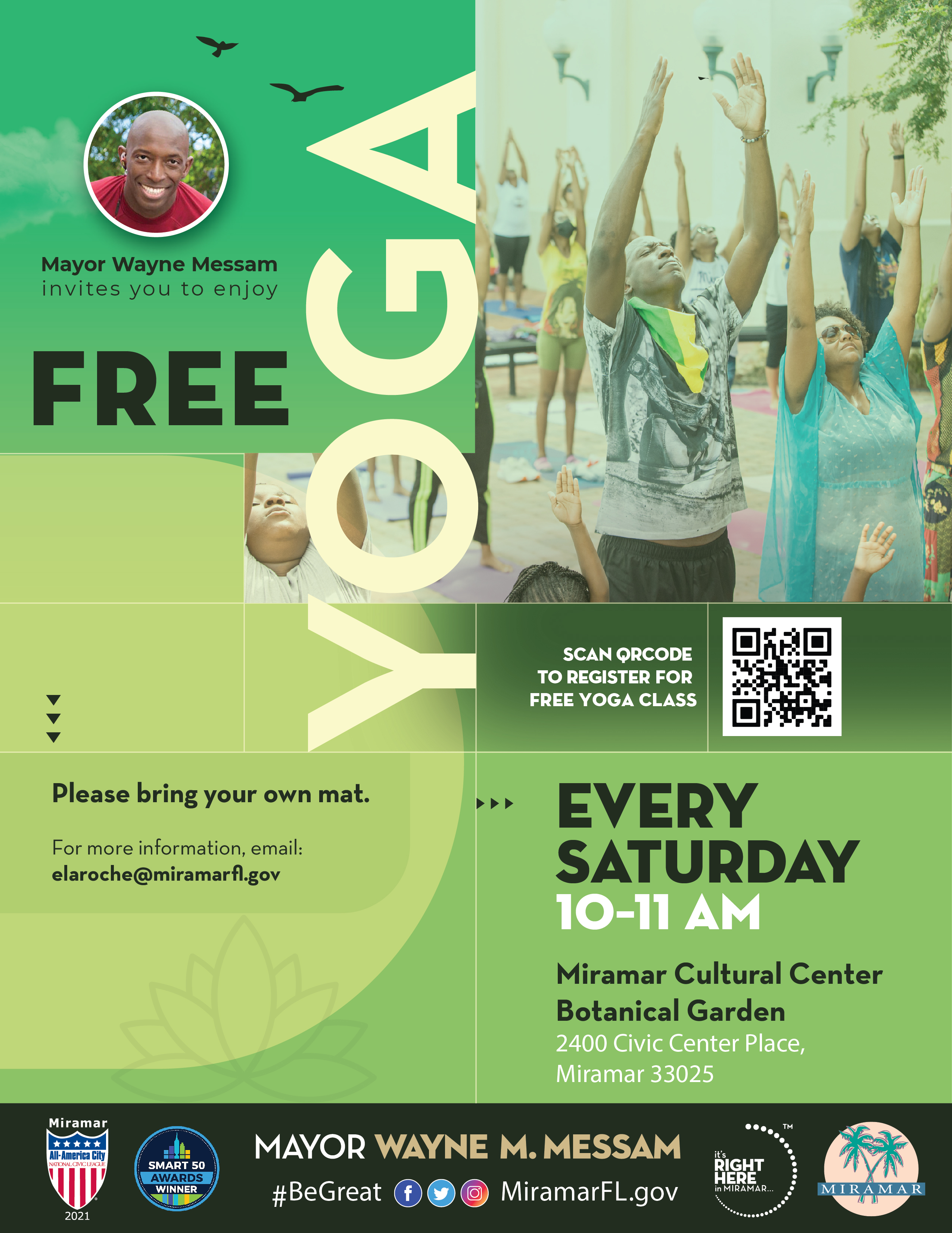 Yoga Flyer promoting yoga classes hosted by Mayor Wayne M. Messam