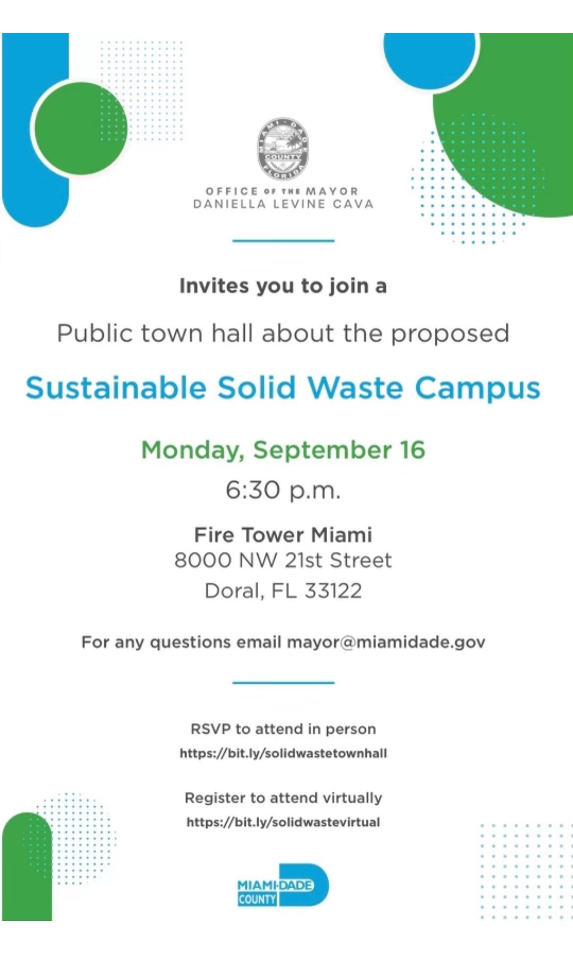 Flyer on Miami Dade County Sustainable Solid Waste Campus Town Hall Meeting on September 16, 2025 at Fire Tower Miami